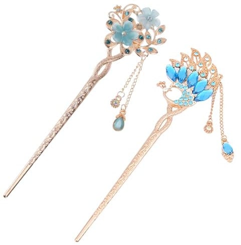 WBZOWRB 2 Pièces Baguette Cheveux, Epingle A Cheveux Chinoise, Épingles À Cheveux Chinoises Japonaises Vintage En Bois - Pince Fleur A Cheveux Femme Chignon- Pour Femmes Et Filles(Bleu)