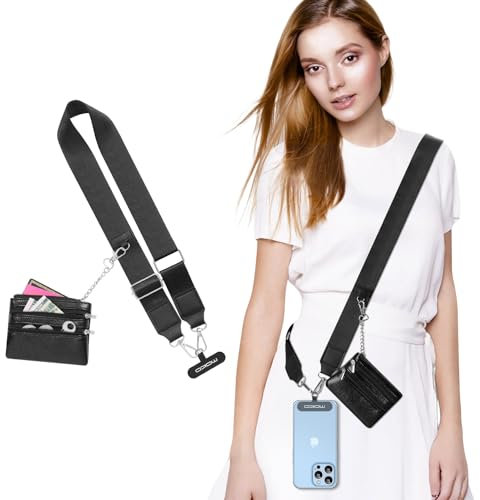 MoKo Universal Phone Lanyard, Phone Lanyard Crossbody mit Abnehmbarer Tasche, verstellbare Phone Lanyard Crossbody um den Hals mit Patches für iPhone, Samsung, die meisten Smartphones, Schwarz