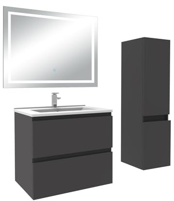 AICA Ensemble Meuble Salle de Bain 60cm Simple Vasque avec Colonne et Miroir 3 Couleurs Anthracite