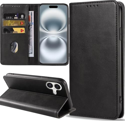 ZYIMOU Handyhülle für iPhone 16 Plus Hülle, Leder Schutzhülle Standfunktion Kartenfach Wallet Klapphülle iPhone 16 Plus Flip Case Cover, Schwarz