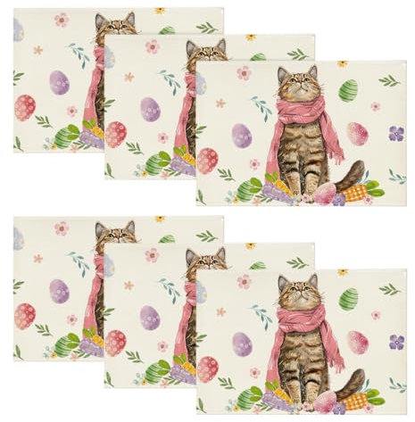 Artoid Mode Katze Ostereier Ostern 6er Set Platzsets, Saisonaler Frühling Küche Tisch Dekoration Drinnen Urlaub Party Dekor 30x45cm