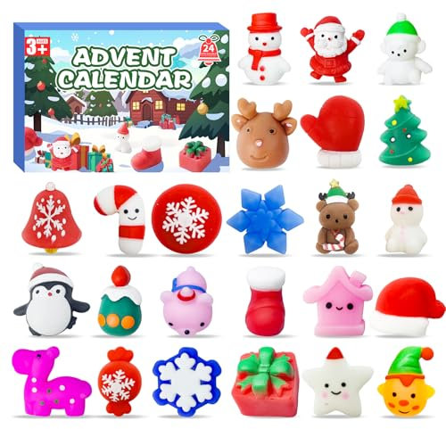 Squishy Adventskalender, Adventskalender 2024 Kinder mit 24 Mochi Squishy Spielzeug, Weihnachtskalender Kinder Weihnachten Geschenke für Baby Kleinkind Jungen Mädchen Kinder ab 3 Jahre