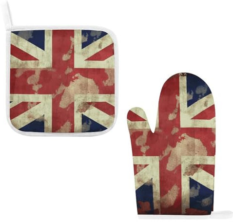 Vintage Union Jack British Flag Oven Mitts and Pot Holders Sets Cooking Gloves Oven Mitts Heat Resistant Hot Pads for Kitchen Baking Gifts for Women Cooking Gloves for Baking Kitchen