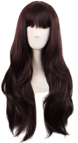 MapofBeauty 28 Zoll/70 cm Länge Flacher Pony Synthetische Faser Wavy Cosplay Partys Täglich Verwendungszwecke Heat Widerstandsfähig Perücke (Dunkel Braun)