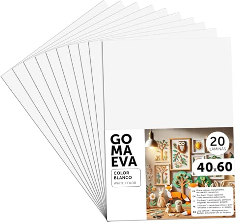 m-office Moosgummi Platten 40x60cm, Bunte EVA Foam Bastelplatten für Kinder, DIY, Schule, Deko & Kunstprojekte – Ideal als Bastelpapier, Moosgummi mit und ohne Glitzer (Weiß, 20 uds)