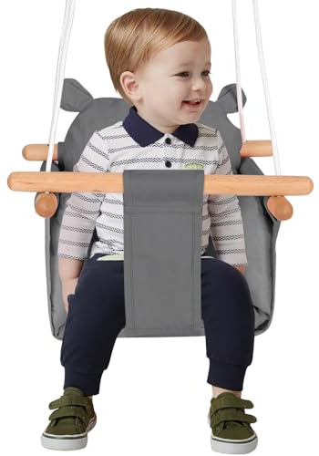 Homewell - Columpio interior para bebé y niños, asiento columpio de madera y algodón para bebé, columpio escandinavo para desarrollo vestibular, Baby Swing (gris oscuro)