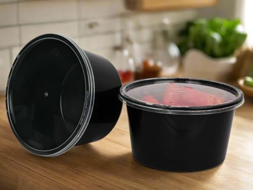 HOT BARGAINS 200 X 500ml Heavy Duty Round Food Containers with Lids – Black, BPA Free, Microwave & Freezer Safe, Leak-Proof Takeaway Storage (200, 500ml)