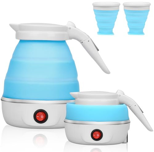 Kieselgel Faltbarer Wasserkocher Elektrisch Reisewasserkocher Mini Wasserkocher Kommt mit Zwei Silikonbechern Camping Wasserkocher Faltbarer Wasserkocher0.6L（Blau）
