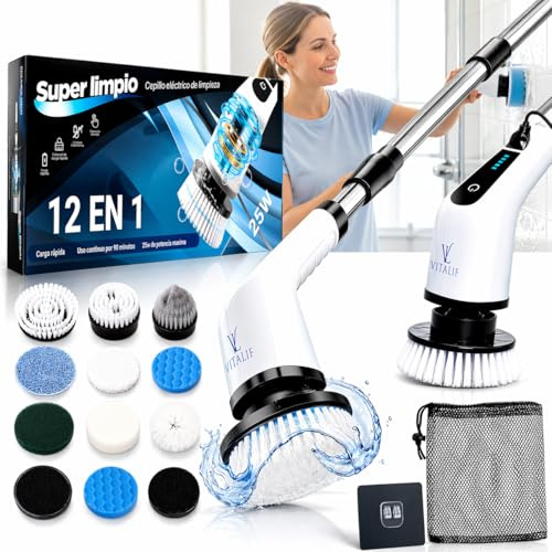Vitalif Cepillo Limpieza electrico, 12 Cabezales, 2 Velocidades | Para ducha, cocina y suelos, cepillo limpieza con 12 cabezales, batería de 2600 mAh, resistencia IPX6, 120 min de duracion