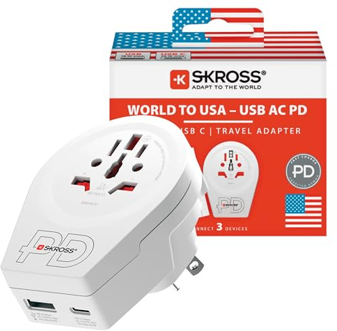 SKROSS World to USA AC20PD Travel Adapter | 1 USB Type C Port, 1 USB Type A Port, 20W Fast Charging, Power Delivery, Shock Protection