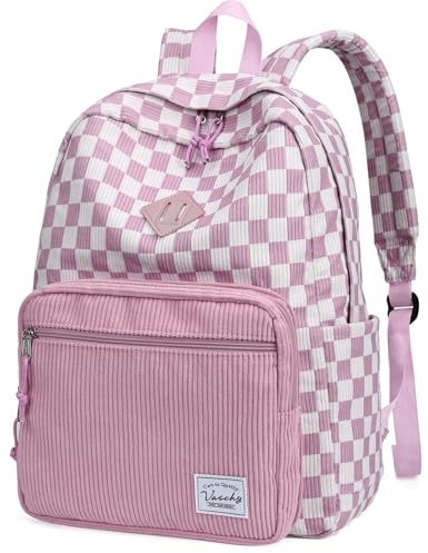 VASCHY Sac à Dos Velours Côtelé Fille, 17.9L Sac à Dos Ordinateur avec Motifs Vichy & Fraise Mignonne pour Élève Primaire Collège Lycée Université Voyage, Vichy Rose Blanc