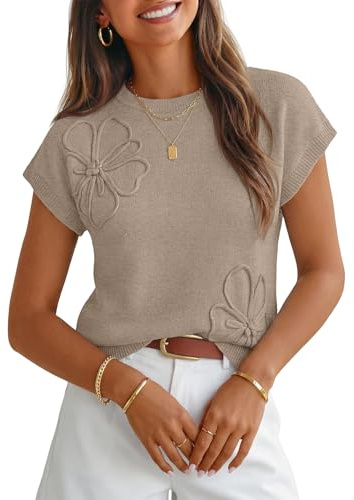 MEROKEETY Womens Fall Floral Short Sleeve Sweater Work Tops, Oatmeal, M