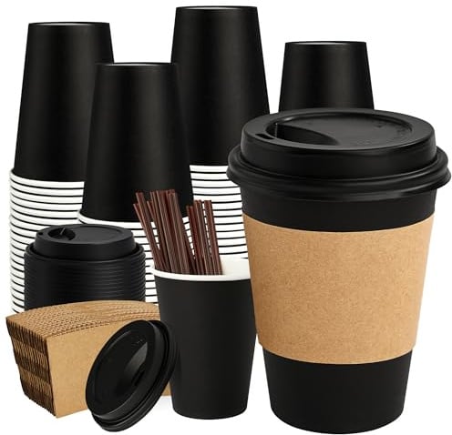 PACKINNO 12 oz 50 Pack Black Disposable Paper Coffee Cups with Lids, Sleeves and Straws, Disposable Hot Cups for Coffee, Tea, Cocoa, Water
