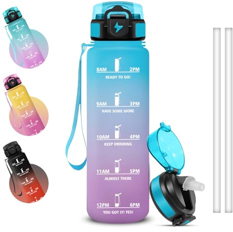 Grsta Wasserflasche 1l mit Strohhalm, Auslaufsichere Trinkflasche Sport, mit Zeitmarkierung und Schnürung, Trinkflasche mit Sichere Verriegelung für Arbeit, Fitness, Uni