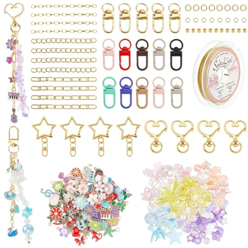 BEAMARKER 411Pcs Lip Gloss Schlüsselbund Herstellungskit Enthält 100G Acrylperlen 100Pcs Emaille Charms 25Pcs Schlüsselbundclips 15Pcs Verlängerungsketten für DIY Taschen Charm Kit Handwerksschmuck He