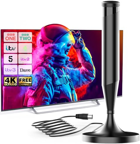 Indoor TV Aerial Compact Magnetic Base, TV Aerial Indoor for Smart TV, Digital Indoor Aerial Compatible with All Televisions, 360° Reception, Supports 4K 1080P, 5m Coaxial Cable