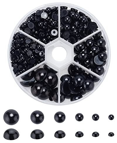 PandaHall Schwarze Perlen mit flacher Rückseite, 690 Stück halbrunde Perlen 6 Größen Perlen-Cabochon für DIY Scrapbook Handyhülle, Hochzeitsdeko Haarnagel Zubehör Puppenauge, 4/5/6/8/10/12 mm