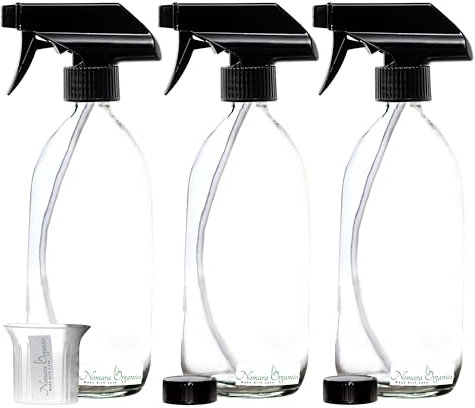 Nomara Organics Clear Glass Spray Bottles 3 x 500ml. Black trigger/Pump/Refillable/watering/organic/oil-vinegar/hair/cleaning products.