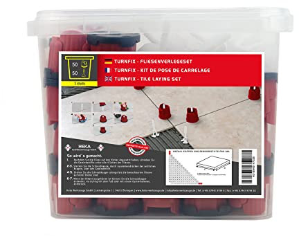 Fliesen Nivelliersystem Heka Turnfix, Verlegehilfe mit 50 Kappen + 50 Stifte, Plattenstärken von 3mm bis 20 mm gut für große Wand- und Bodenfliesen, Werkzeug, mind 1mm Fugenbreite, Kein Verkratzen