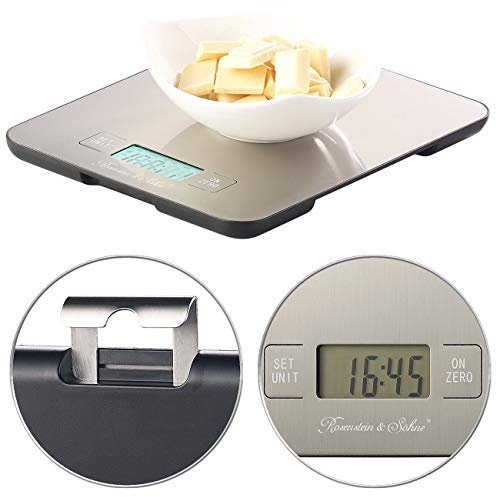 Rosenstein & Söhne Digitalwaage: Digitale Edelstahl-Küchenwaage mit Timer, bis 15 kg, auf 1 g genau (Eieruhren, Waagen, ohne Batterie)