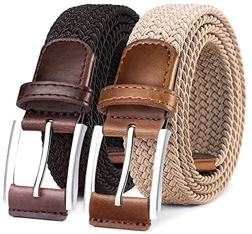 BULLIANT Elastischer Flechtgürtel 2er, Gürtel Herren Damen Stoffgürtel Geflochten Stretchgürtel Golfgürtel 35mm(Schwarz/Beige-125cm/42-46 taille verstellbar)