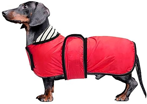 MOREZI Hunderegenmantel mit Reflexstreifen, Regen-/wasserdicht, verstellbare Weste, geeignet für kleine und mittelgroße Hunde wie Dackel-Rot-M