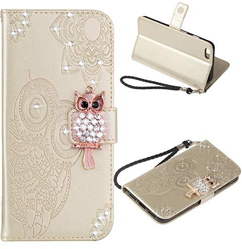 IMEIKONST Case for iPhone 8 Plus Owl Glitter Embossed Sparkly Gems Shockproof PU Leather Wallet Flip Stand Card Slots Magnetic Silicone Bumper Folio Cover for iPhone 8 Plus / 7 Plus Owl Gold YK