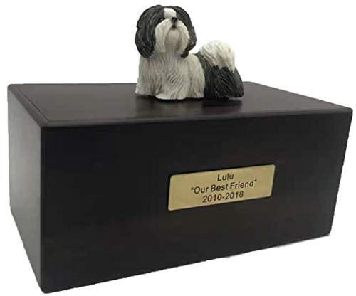 Personalized Rosewood Custom Pet Ashes Urn with Statue Customisable Engraved Nameplate for Dog and Cat Name and Date Pets Box Cremation Funeral Keepsake Urns for Dogs Cats Memorial Ashes (Shih Tzu)