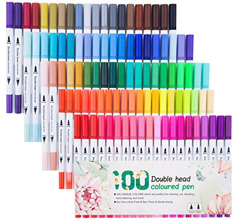 Dual Brush Pen Set 100 Aquarell Farben Pinselstifte Watercolor Kombimaler Filzstifte für Bullet Journal Zubehör Kalligraphie Hand-Lettering Fasermaler[1-2 mm] und Fineliner[0,4 mm]