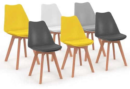 IDMarket - Lot de 6 chaises scandinaves SARA Mix Color Gris Clair, Blanc, Gris foncé x2, Jaune x2