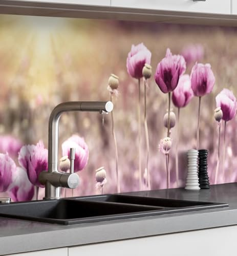 MyMaxxi Küchenrückwand selbstklebend – Matte Premium Spritzschutz Folie als günstige Alternative zu Glas, einfache Montage & leichte Reinigung – 60 cm hoch – Motiv: Lila Blumen B 120 cm x H 60 cm