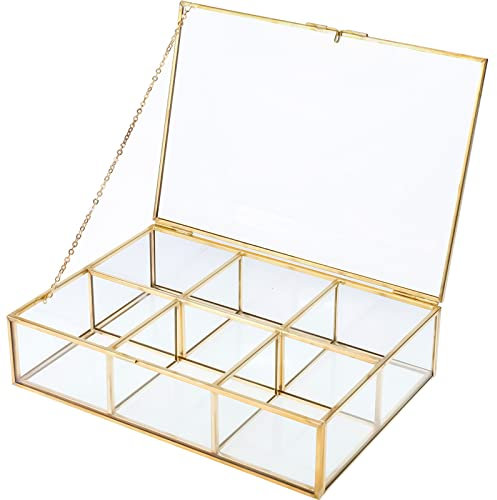 Homtone Caja de vidrio vintage de cobre, caja de recuerdo, organizador de joyas y expositor de colección de encimera, caja decorativa de vidrio transparente y latón (6 compartimentos)