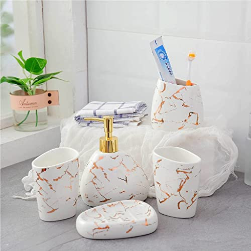 GAXQFEI 5-Piece Cream-White and Rose Gold Marble Ceramic Bathroom Accessory,Includes Liquid Soap or Lotion Dispenser,Toothbrush Holder,2X Tumbler,Soap Dish