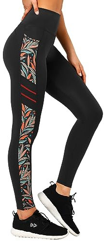 Yvette Leggings de Sport Femmes Opaque Taille Haute Pantalon Imprimé de Yoga Non Transparent Doux avec Poches Jogging Fitness Pilates,Noir Orange,S