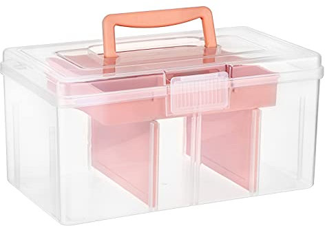IGNPION Clear Craft Stackable Storage Box with Storage Tray Plastic 7-compartment Mulit Purpose Storage Container for Storing&Organising Toys, Arts Crafts, Stationery, Sewing, Fishing Tackle, Pink