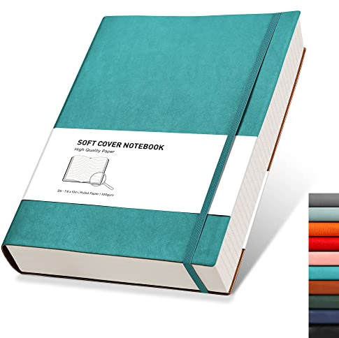 RETTACY B5 Lined Notebook, Leather Softcover Journal, 320 Pages, Cyan | Notepad for Men Women, 100 GSM Thick Ruled Paper, for School Office Writing - 19 × 25 cm