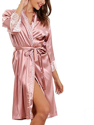 SHEKINI Morgenmantel Damen Spitze Satin Kimono Robe mit Gürtel V Ausschnitt Badmantel für Braut&Brautjungfern(Rose,S)