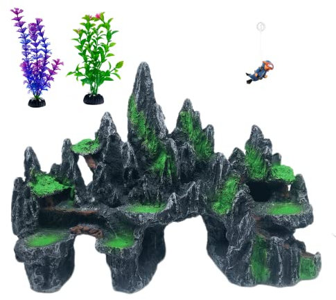AWXZOM Extra Large Aquarium Mountain Decoration, Brown Resin, Suitable for 10-50 Gallon Tanks, Includes Diver and Plastic Plants