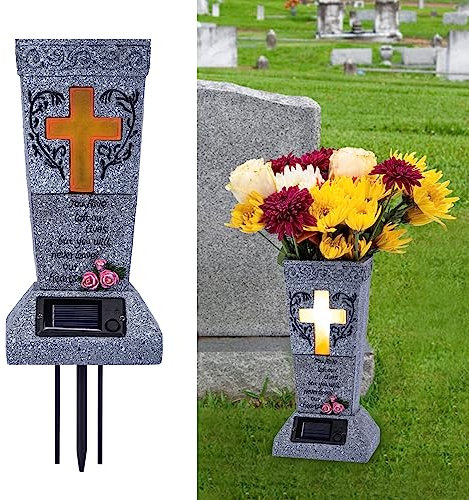 HUYIENO Solar Friedhof Grabvase mit LED für frische/künstliche Blumen Grabsteine Vasen mit Spikes Grabstein Dekor Gedenkgeschenke für den Verlust eines geliebten Menschen