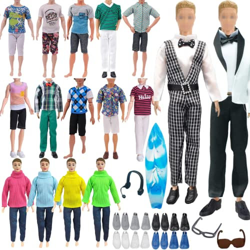 20 PCS Doll Clothes Compatible with Ken Doll Clothes and Accessories Set, Including 1 Suit in Random,3 Tops 3 Pants, 2 Sweater Pants, 6 Shoes, 1 Glasses, 1 Earphone and 1 Surfboard(Random Style)
