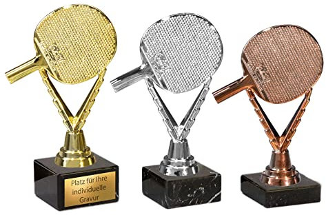 eberin · Tischtennis Pokal mit Wunschgravur · Tischtennisschläger Gold/Silber/Bronze auf Marmorsockel schwarz · Tischtennisturnier Pokal in 3 Größen erhätlich (Silber 17,5 cm)