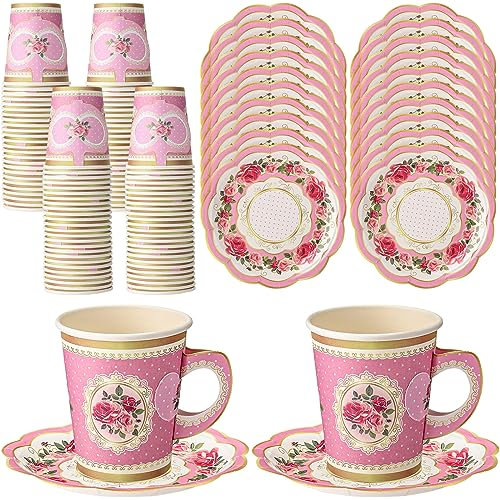 Tioncy 100 Pcs Tea Party Decorations Include 50 Pieces 9 oz Paper Tea Cups with Handle and 50 Plates Disposable Teacups and Saucers Sets for Birthday(Floral)