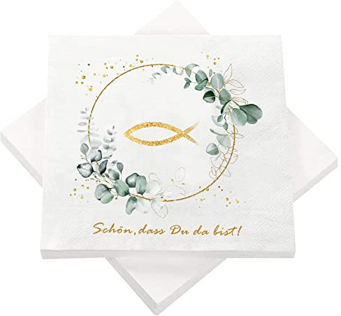 20 Servietten Ichthys 'Schön,DASS du da bist!', Fisch Eukalyptus,Tischdekoration für Taufe, Kommunion, Konfirmation und andere festliche Anlässe (20, fish)