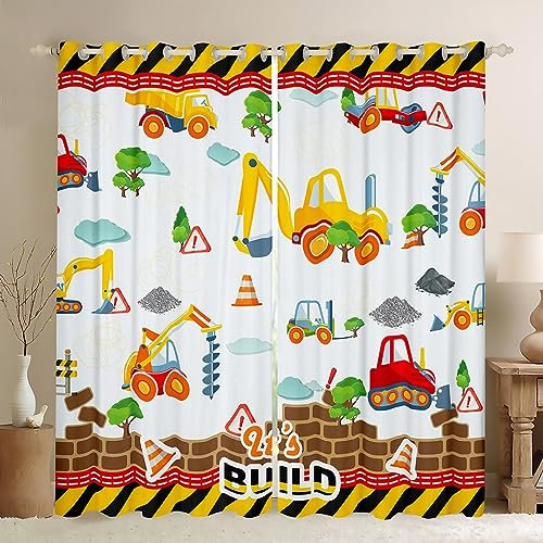 Manfei Kinder Cartoon Auto Fenster Vorhang Ausrüstung LKW Bagger Vorhänge Jungen Mädchen Zimmer Dekor BAU Fahrzeug Fenster Vorhänge Gelb Weiß Fenster Behandlung Vorhang,Top 2 Panel,M Größe