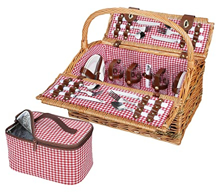 cilio Picknick-Korb Rivoli, Für 4 Personen, Geflochtener Korb mit Deckel, Picknickkorb mit Kühlfach inkl. Teller Set, Besteck, Gläsern und Kellner-Korkenzieher, Weidenkorb mit Henkel, Hellbraun