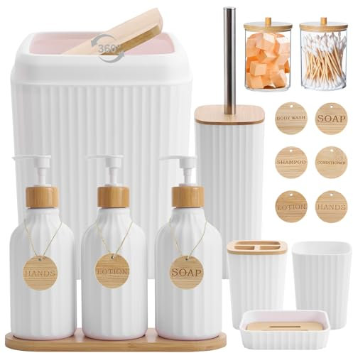 Bathroom Accessories Set White Bathroom Set with Trash Can,3PCS Lotion Soap Dispenser, Toothbrush Holder, Soap Dish,Tumbler Cup,6pcs Wood Tags White Bath Accessories with Tray for Bathroom Decor
