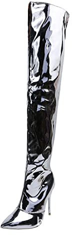 IQYU Stivali a punta in pelle PU, alti al ginocchio, stivali alla moda, con chiusura a strappo, stivali western per donna con tacco a blocco, senza lacci invernali, argento, 42 EU