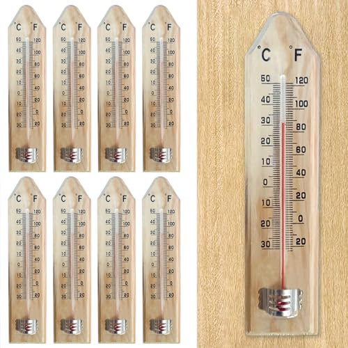 Lot de 8 thermomètres d'intérieur en bois résistants aux intempéries - Thermomètre d'intérieur analogique - Thermomètre hygromètre analogique en bois pour extérieur et intérieur - 30 ~ 50 °C / -20 ~