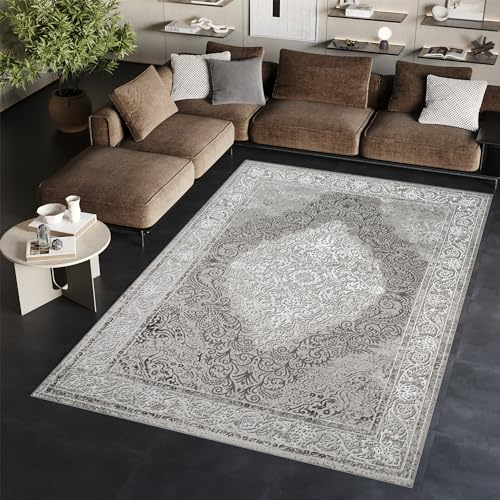 TAPISO Ares Teppich Kurzflor Glänzend Hellgrau Rahmen Blumen 120 x 170 cm | Bordüre Barock Klassisch 3D Effekt Wohnzimmer Schlafzimmer OEKO-TEX