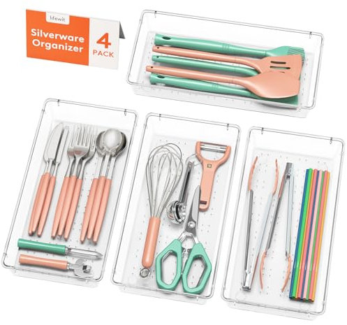 Lifewit Organizador de cubiertos, Juego de 4 bandejas, Caja apilable de plástico para cubiertos y utensilios, Separador para cucharas, tenedores, cuchillos y utensilios, 14.6 x 29.6 CM.